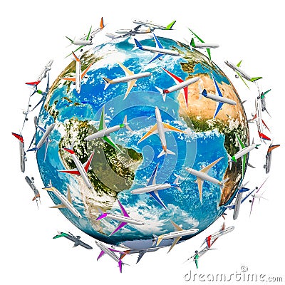 Global Air Travel concept. Airplanes around the Earth Globe, 3D rendering Stock Photo