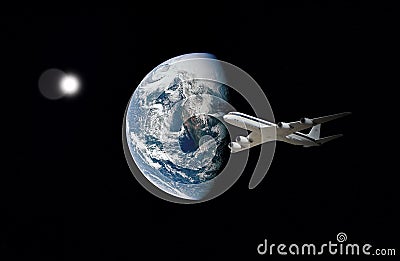 Global aviation background with airplanes over the earth. Jet lag - confusion during travelling by plane. Traveler`s Biorhythm Stock Photo