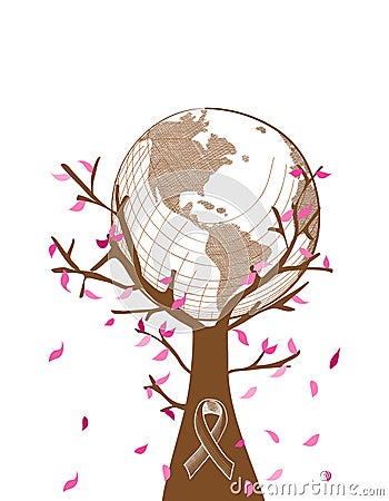 Global Breast cancer awareness concept tree illust Vector Illustration