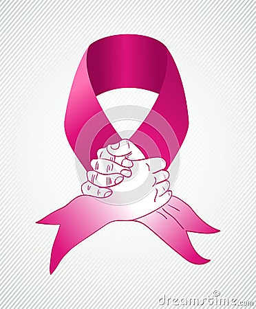 Global Breast cancer awareness human hands ribbon Vector Illustration