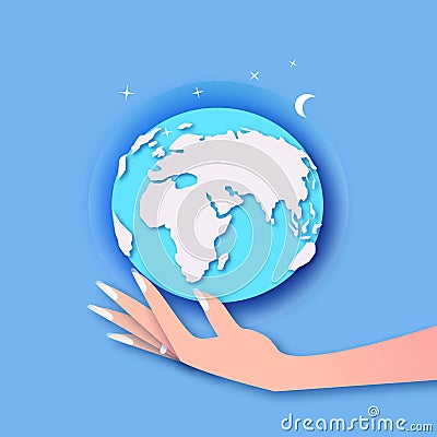 Global business. Businesswoman boss hands carrying world map Vector Illustration