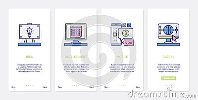 Global business development idea UX, UI onboarding mobile app page screen set Vector Illustration
