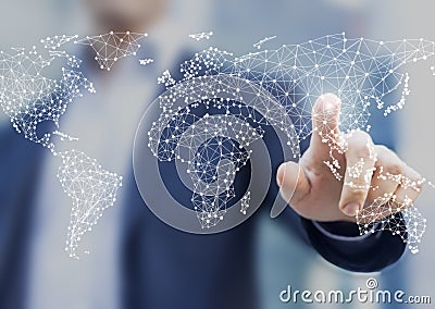 Global business and finance concept with businessman touching world map with connected dots in network architecture for Stock Photo