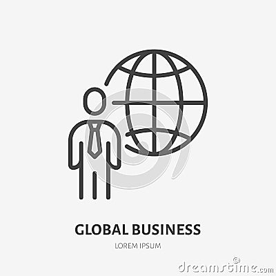 Global business line icon, vector pictogram of globe with businessman. Manager stroke sign for company Vector Illustration