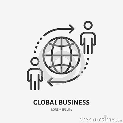 Global business line icon, vector pictogram of globe with businessman. Manager stroke sign for company team work Vector Illustration