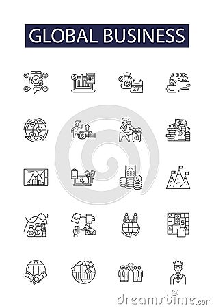 Global business line vector icons and signs. Commerce, Markets, Investment, Employment, Negotiation, Opportunities Vector Illustration