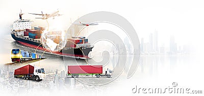 Global business logistics import export and container cargo ship, freight train, cargo plane, container truck at city Stock Photo