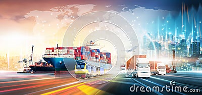 Global business logistics technology network distribution on world map background, Smart logistics import export Stock Photo