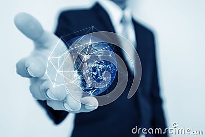 Global business and networking, Double exposure Globe with network connection lines and modern buildings, on black background. Ele Stock Photo