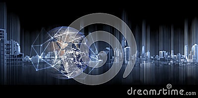 Global business and networking, Double exposure Globe with network connection lines and modern buildings, on black background. Ele Stock Photo