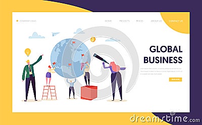 Global Business Search Opportunity Character Landing Page. Corporate Businessman Work at Earth Globe. Worldwide Vector Illustration