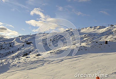 Global clima change: Empty skiaerea with artifical snow in Hochzillertal valley, Tyrol Stock Photo