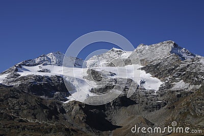 Global clima change: Melting glacier at Bernina Pass in the Swiss Alps Stock Photo