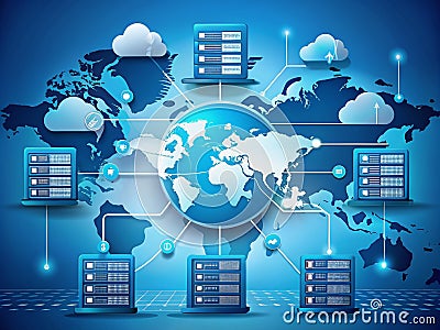 Global Cloud Network Illustration Visualizing Interconnected Servers and Data Flow for Modern Technology Solutions Cartoon Illustration