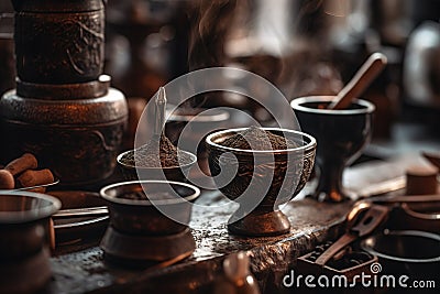 A global, coffee culture exploration, showcasing a variety of traditional coffee preparations and rituals from around the world. Stock Photo