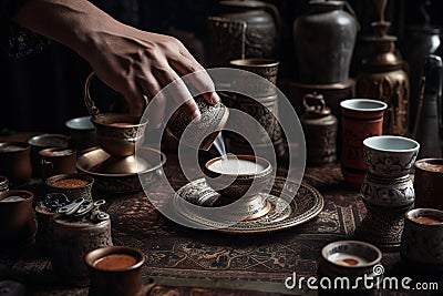 A global, coffee culture exploration, showcasing a variety of traditional coffee preparations and rituals from around the world. Stock Photo