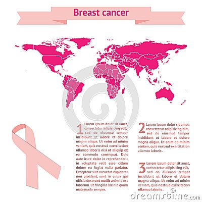 Global collaboration breast cancer World map and triangle ribbon composition. Vector Illustration