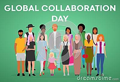 Global collaboration day poster vector template. Unity in diversity. Brochure, cover, booklet page concept with flat illustrations Vector Illustration