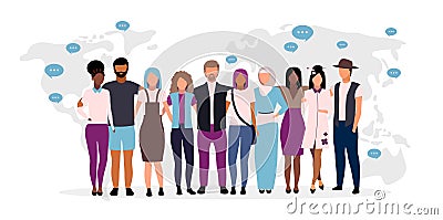 Global collaboration flat vector illustration. International communication. Multiracial people hugging on world map background. Vector Illustration