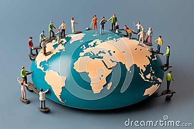 Global collaboration Miniature people standing on the globe, gray background Stock Photo