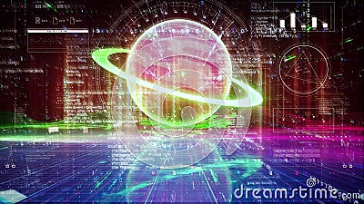 The global communication background, sci fi retro planet rotating with code Stock Photo