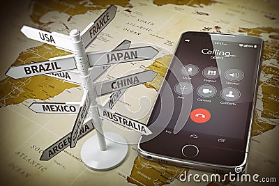 Global communication, calls abroad, roaming concept. Mobile phone and signboard with different directions on map of the world. Cartoon Illustration