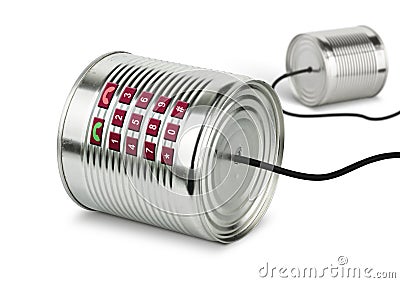 Global communication concept, old tin cans telephone with buttons Stock Photo