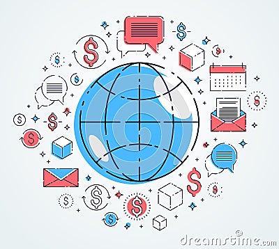 Global communication concept, planet earth with different icons set, big data, internet activity, global network connection, Vector Illustration