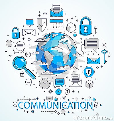 Global communication concept, planet earth with different icons set, big data, internet activity, global network connection, Vector Illustration
