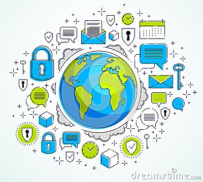 Global communication concept, planet earth with different icons set, internet activity, big data, global network connection, Vector Illustration