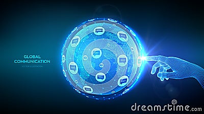 Global communication concept. Planet Earth globe with dialog speech bubbles icons. Hand touching Earth globe world map point and Vector Illustration