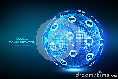 Global communication concept. World map point and line composition. Planet Earth globe with dialog speech bubbles icons. Worldwide Stock Photo
