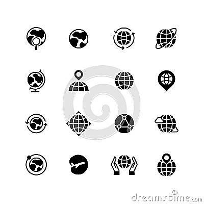 Global communication, globe and geography icons. Earth planet, world map and travel simple vector symbols isolated Vector Illustration