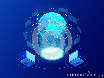 Global communication Internet network around the planet. Network and data exchange over planet. Connected satellites for Vector Illustration