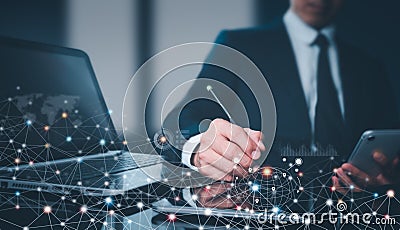 Global company, internet network connection, IoT (Internet of Things), and the notion of business intelligence Hand of a Stock Photo