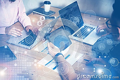 Global Connection Virtual Icon Diagram Interface Marketing Reserch.Business Team Brainstorming Meeting.Coworkers Startup Stock Photo