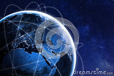 Global connectivity concept with worldwide communication network connection lines around planet Earth viewed from space, satellite Stock Photo