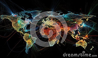Global Connectivity Visualization with Colorful Data Streams Representing Internet Traffic and Communication Networks Stock Photo