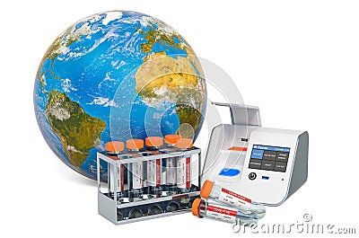 Global COVID-19 testing concept. Lab-in-a-box test with Earth Globe, 3D rendering Stock Photo