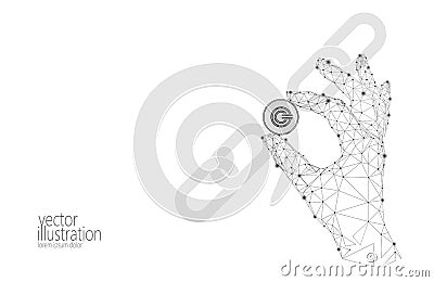 Global cryptocurrency GCC coin blockchain link low poly hand. Polygonal geometric 3d render point live digital Vector Illustration