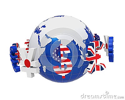 Global Currencies Around a Globe Stock Photo