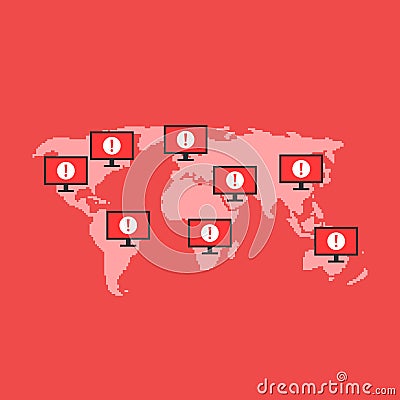 Global cyber attack on computers and systems Vector Illustration