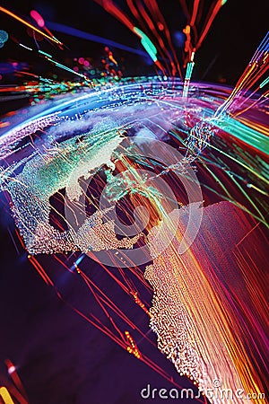 A global 3D map showing cloud computing locations and data lines. Stock Photo