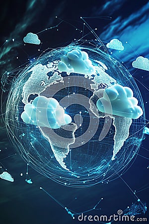A global 3D map showing cloud computing locations and data lines. Stock Photo
