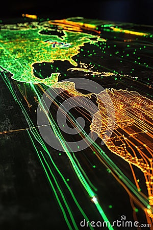 A global 3D map showing cloud computing locations and data lines. Stock Photo