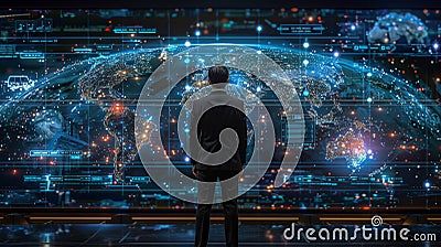 Global Data Monitoring at High-Tech Command Center Stock Photo