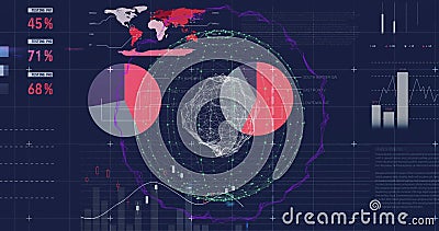 Global data visualization image over various charts and graphs on dark background Stock Photo