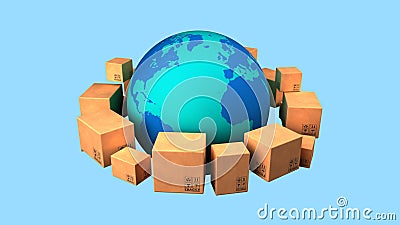 Global delivery. Worldwide shipment concept. Earth planet and boxes. Isolated on white. 3D-rendering. Stock Photo