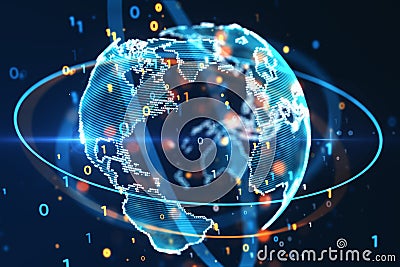 Global digitalization concept with bright glowing planet globe with world map and binary code numbers in virtual ring on dark Stock Photo