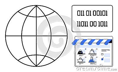 Global E-commerce Concept with Globe, Binary Code, and Online Shopping Platform Vector Illustration